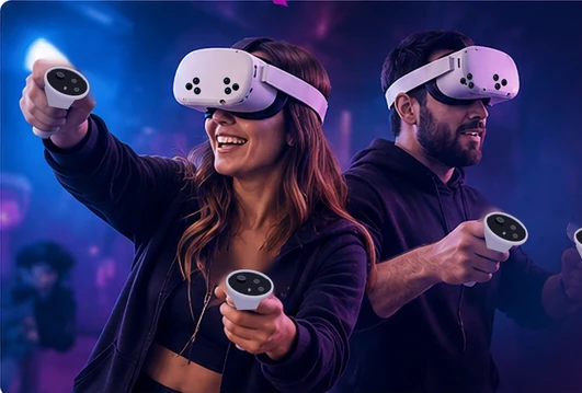 VR Party résztvevők VR-headsettel és kontrollerekkel
